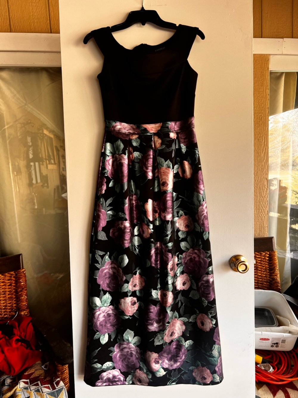 Enfocus Studio Black Maxi Dress with Purple and Pink Floral Skirt Sz 4
